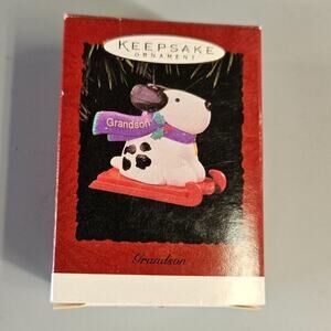 Vintage 1996 Hallmark Keepsake GRANDSON Cute Dog on a Sled
